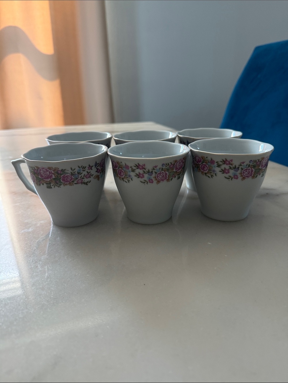 Allied Design Porcelain Floral Tea Cups - Set of 6, White with Pink Rose Pattern